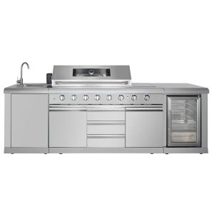 Cuisine extérieure complète inox Primavera by Bellazio kitchen – 8 brûleurs, évier, réfrigérateur, design premium.