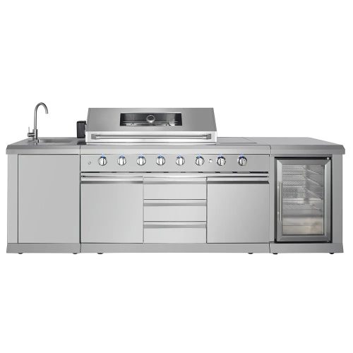 Cuisine extérieure complète inox Primavera by Bellazio kitchen – 8 brûleurs, évier, réfrigérateur, design premium.